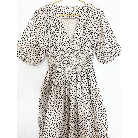 AYR The Extra Extra Smocked Midi Dress Size Medium Spot Animal Print Puff Sleeve - Picture 7 of 14
